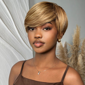 Blonde Highlight With Brown Short Pixie Cut Glueless Long Bangs Wig