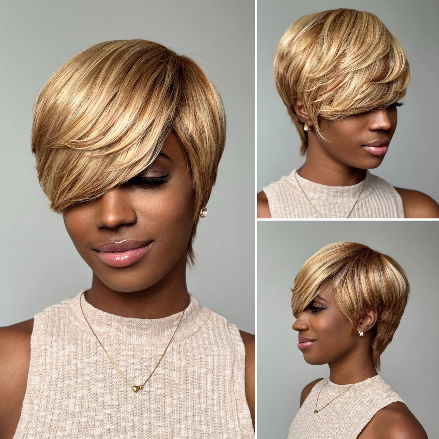 Blonde Highlight With Brown Short Pixie Cut Glueless Long Bangs Wig