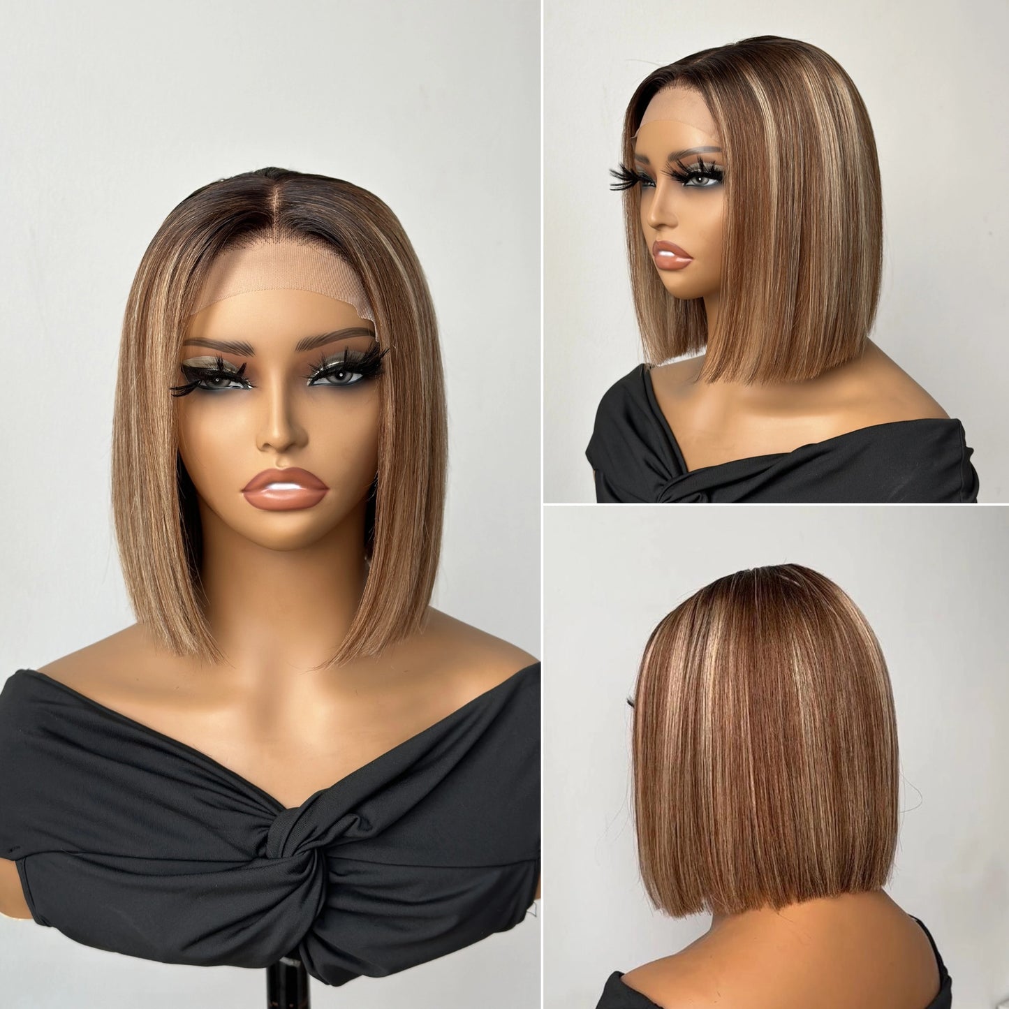 613 Ombre Blonde Highlight with Brown Blunt Cut Bob Glueless Closure Wig