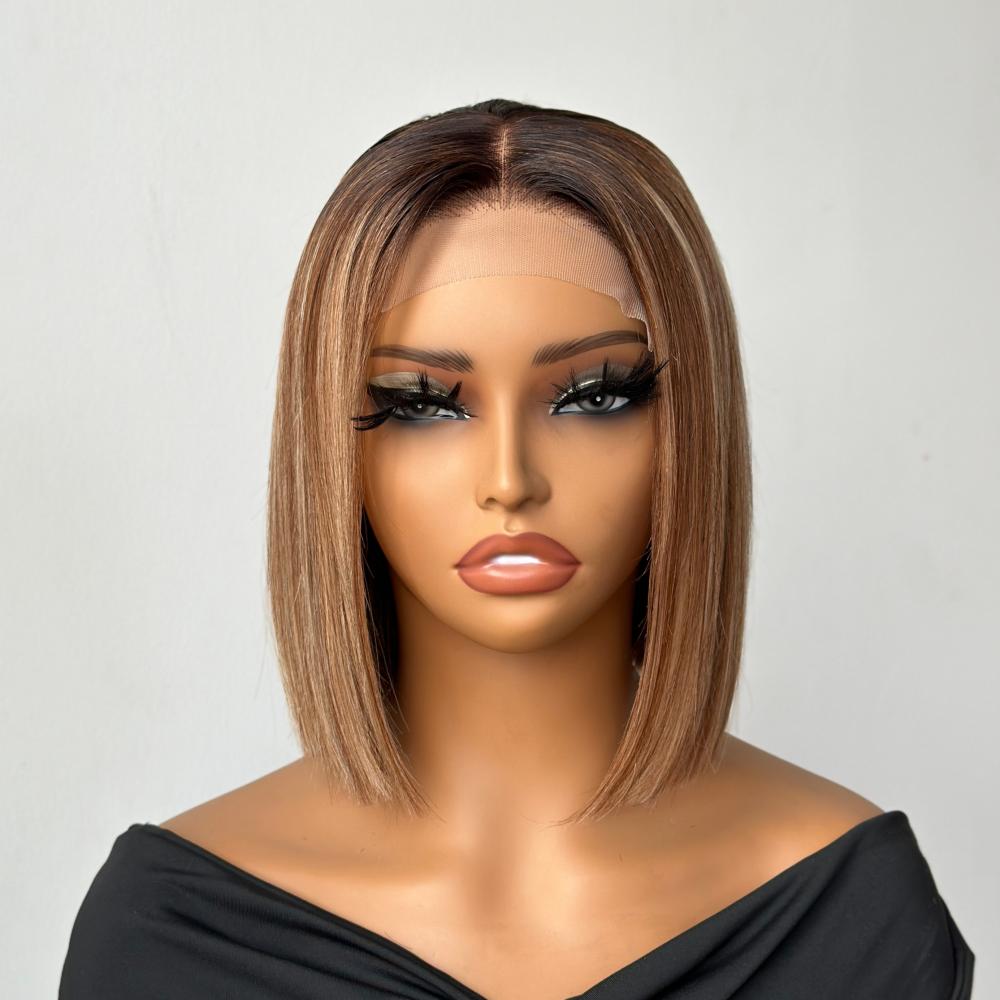 613 Ombre Blonde Highlight with Brown Blunt Cut Bob Glueless Closure Wig