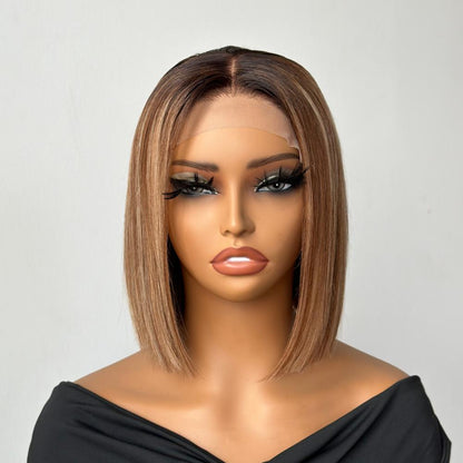 613 Ombre Blonde Highlight with Brown Blunt Cut Bob Glueless Closure Wig