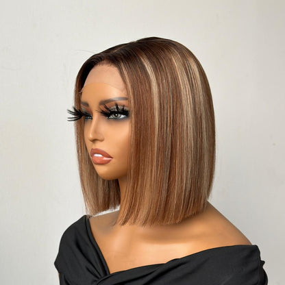 613 Ombre Blonde Highlight with Brown Blunt Cut Bob Glueless Closure Wig