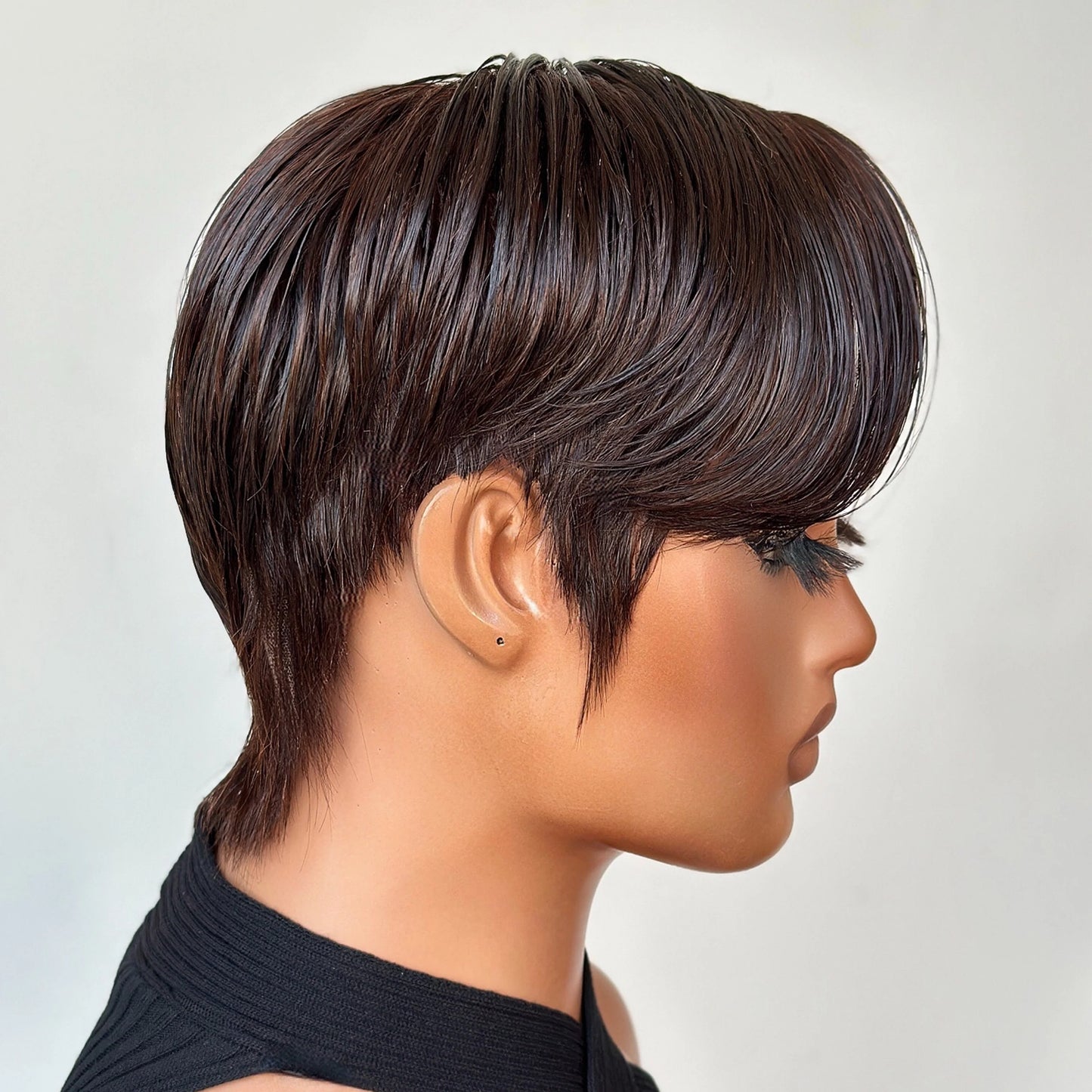 Dark Brown Full Lace Pixie Cut Wig With Side Swept Bangs