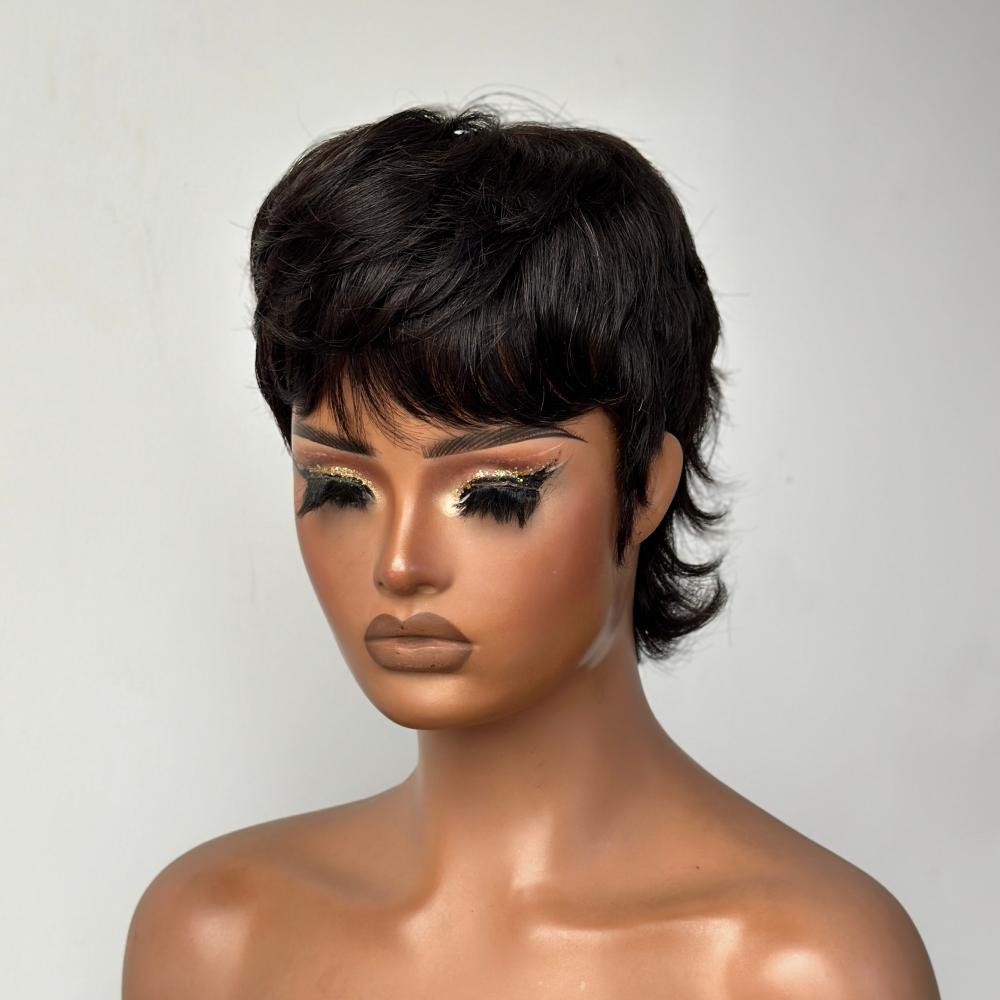 Glueless Layered Shaggy Wolf Cut Pixie Wig With Bangs