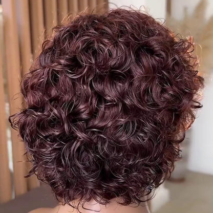 Natural Hairline Cruly Reddish Brown Pixie 13×4 Lace Frontal Wig