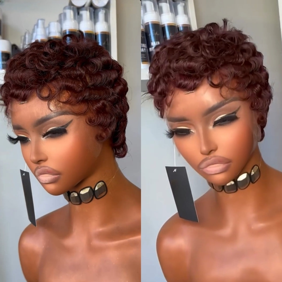 Full Lace Burgundy Finger Wave Short Pixie Human Hair Wig