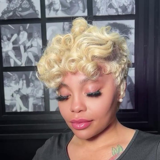 Blonde Pin Curly Finger Wave Short Glueless 13×4 Lace Frontal Wig