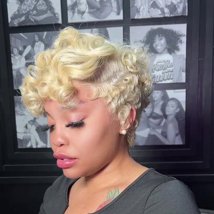 Blonde Pin Curly Finger Wave Short Glueless 13×4 Lace Frontal Wig