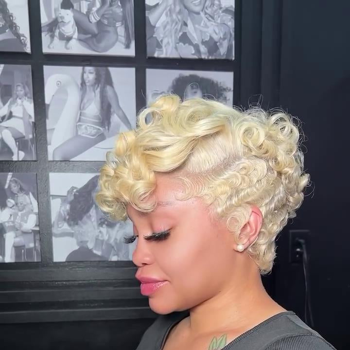 Blonde Pin Curly Finger Wave Short Glueless 13×4 Lace Frontal Wig