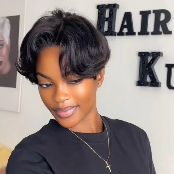 Natural Black Layered Pixie Cut 13x4 Lace Frontal Wig