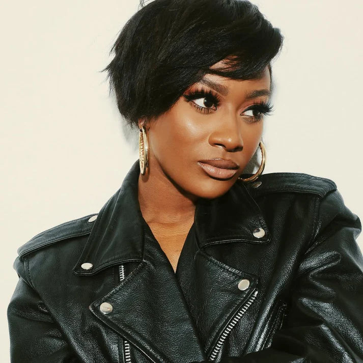 Full Lace Natural Black Short Layered Cut Wig With Bang
