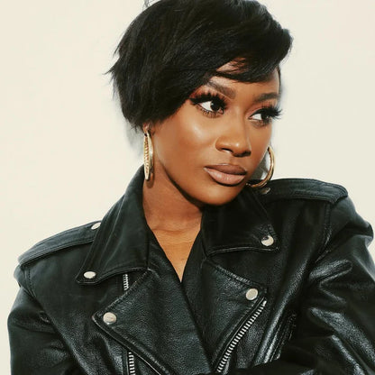 Full Lace Natural Black Short Layered Cut Wig With Bang