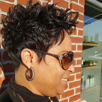 Natural Black Full Lace Spiky Short Pixie Cut With Laid Edges Wig