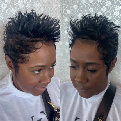 Natural Black Full Lace Spiky Short Pixie Cut With Laid Edges Wig