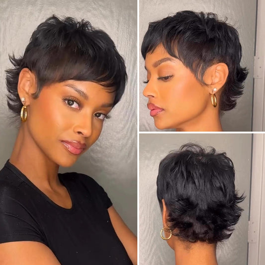 Glueless Layered Shaggy Wolf Cut Pixie Wig With Bangs