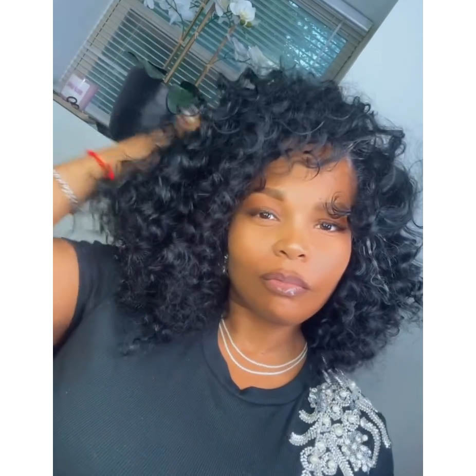Natural Black Realistic Angled Style Curly Bob 13x4 Lace Frontal Wig