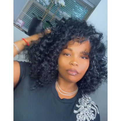 Natural Black Realistic Angled Style Curly Bob 13x4 Lace Frontal Wig