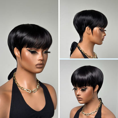 Put on  & Go Natural Black Short Pixie Hair Bowler Cut Wig