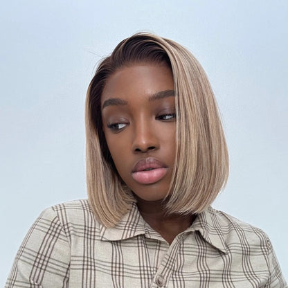 Chic Ash Blonde Highlights 7×5 HD Lace Closure Bob Wig 100% Human Hair