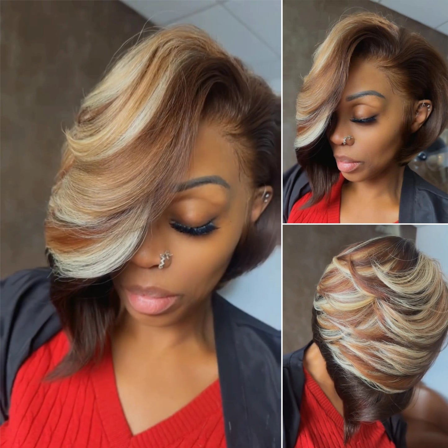Brown with Blonde Highlights Layered Cut Wig With Long Asymmetry Bangs