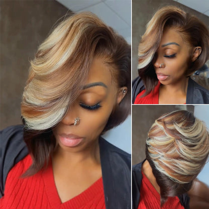 Brown with Blonde Highlights Layered Cut Wig With Long Asymmetry Bangs