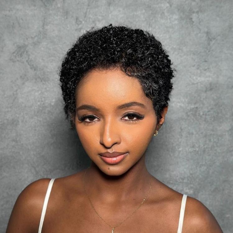 Full Lace Curly Afro Pixie Cut Wig With Drawstring
