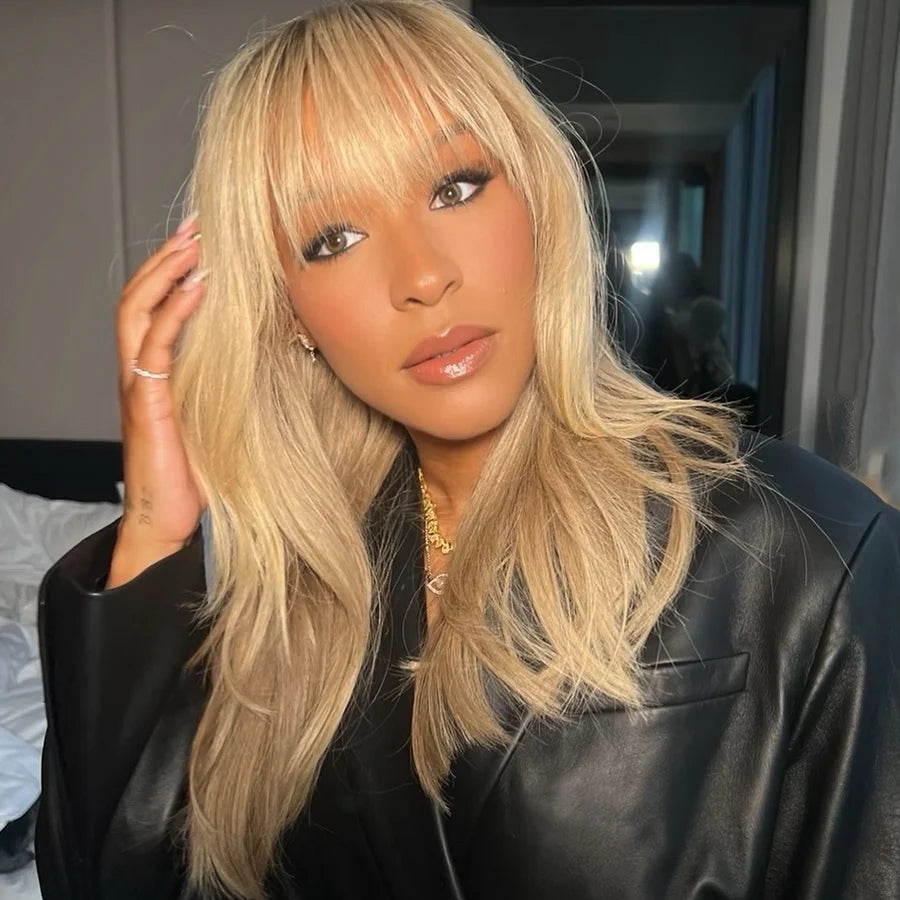 Honey Blonde Hair Wig With Bangs Glueless 13x4 Frontal Lace Wig