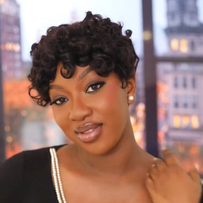 Natural Black Glueless Curly Front & Straight Back Short Bob Wig