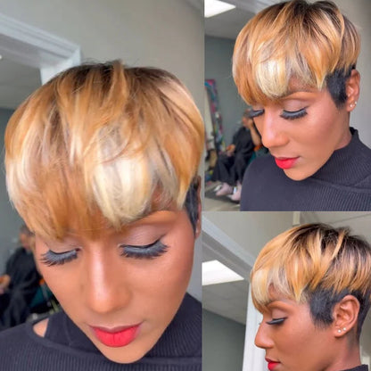 Honey Blonde Highlight Short Cut Glueless Bangs Wig