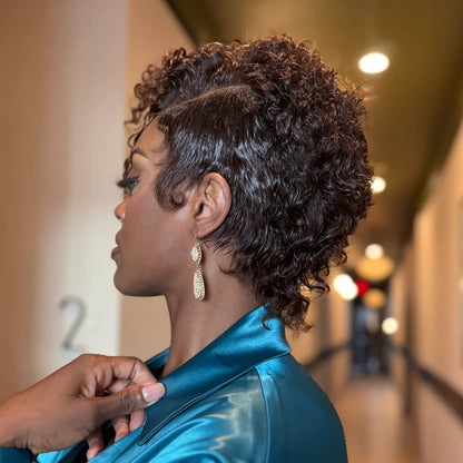 Full Lace Reddish Brown Side Part Asymmetrical Curly Short Pixie Cut Wig