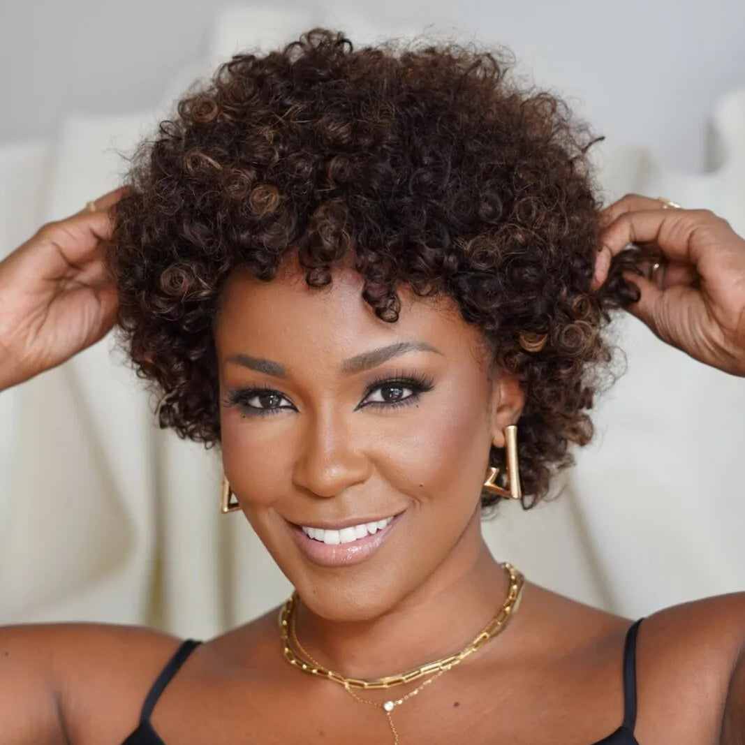 SP2/4/30 Medium Brown With Highlights Short Curly Glueless Wig