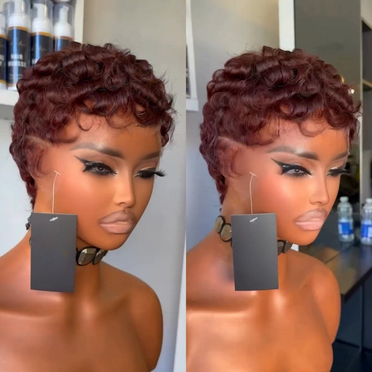 Full Lace Burgundy Finger Wave Short Pixie Human Hair Wig