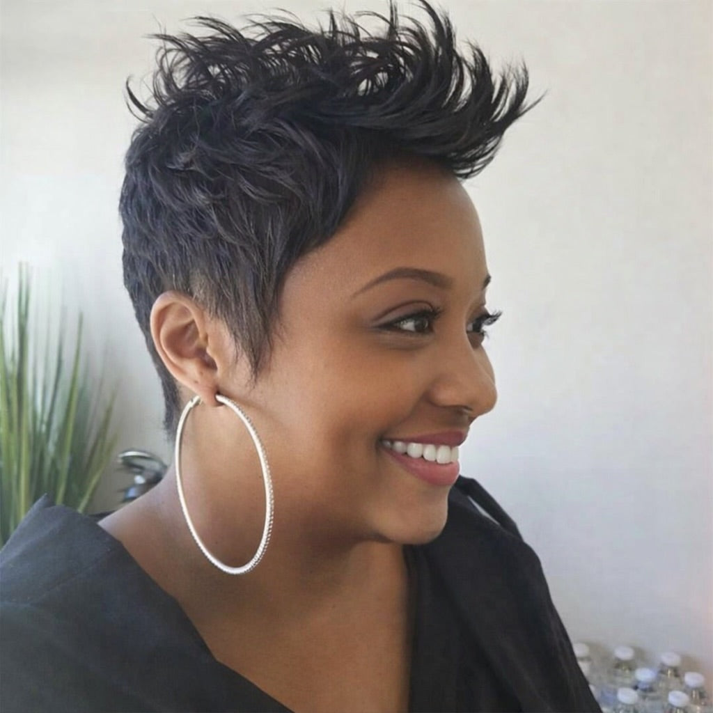 Natural Black Full Lace Spiky Short Pixie Cut With Laid Edges Wig