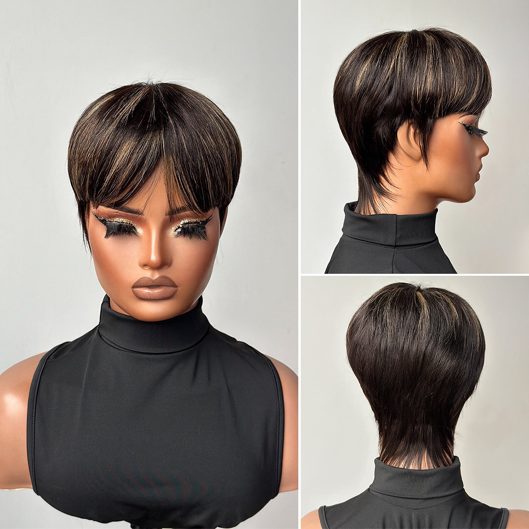 Blonde Highlight Bowler Cut Pixie Hair Wig