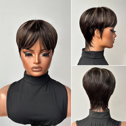 Blonde Highlight Bowler Cut Pixie Hair Wig