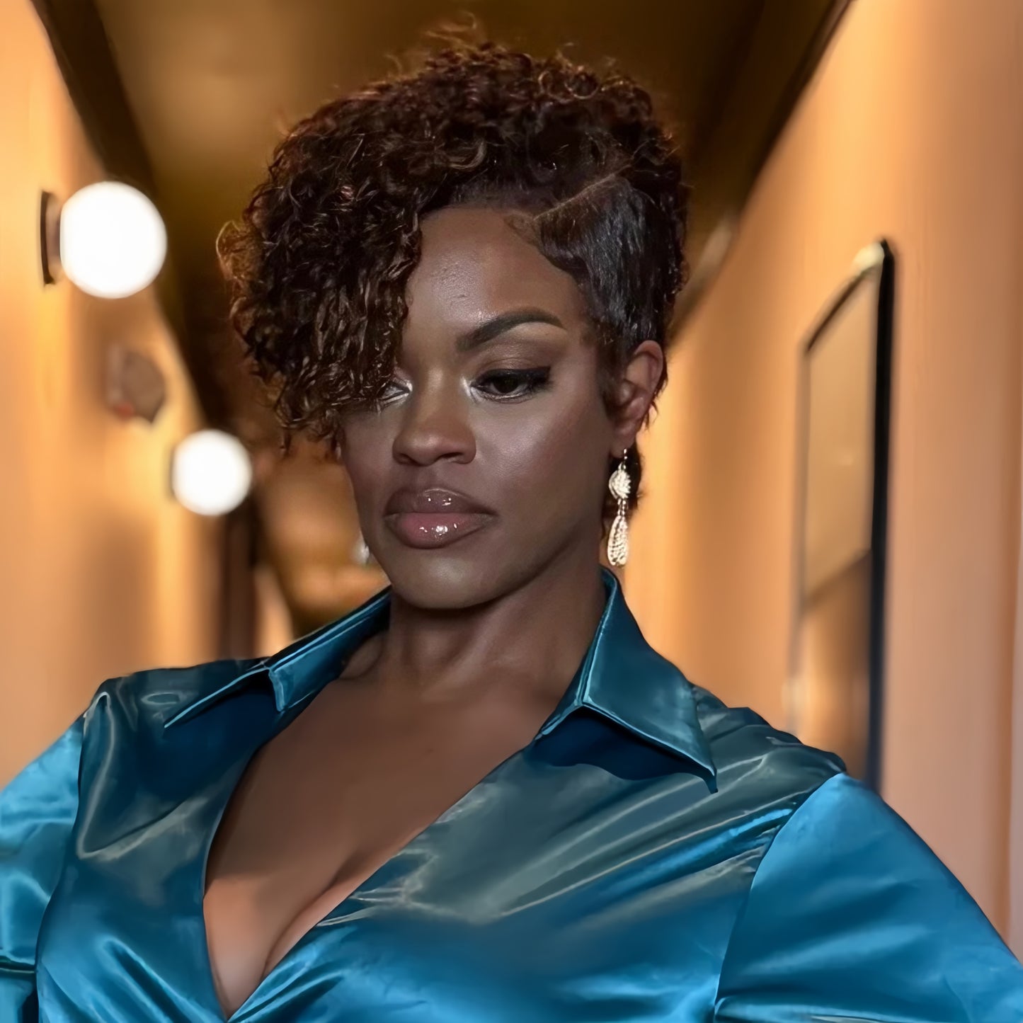 Full Lace Reddish Brown Side Part Asymmetrical Curly Short Pixie Cut Wig