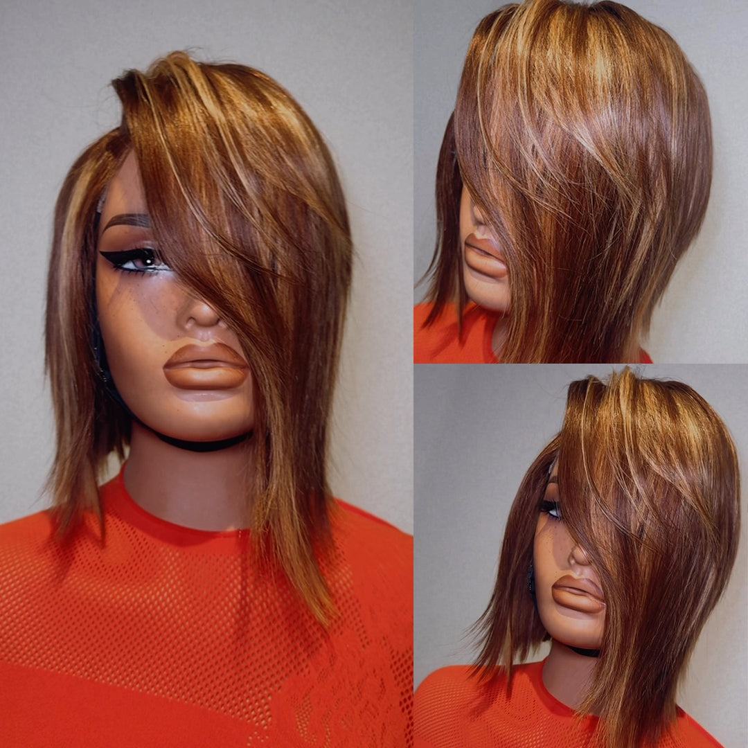 Long Layers Bob Side Bang 13x4 Lace Frontal Human Hair Wig