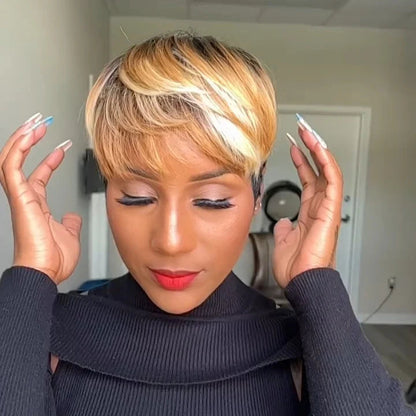Honey Blonde Highlight Short Cut Glueless Bangs Wig