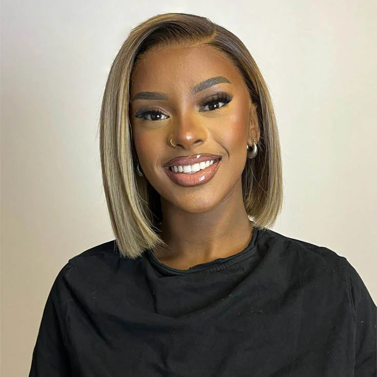 Chic Ash Blonde Highlights 7×5 HD Lace Closure Bob Wig 100% Human Hair