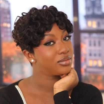 Natural Black Glueless Curly Front & Straight Back Short Bob Wig