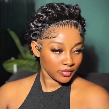 Full Lace Glueless Natural Black Short Pixie Curly Wig