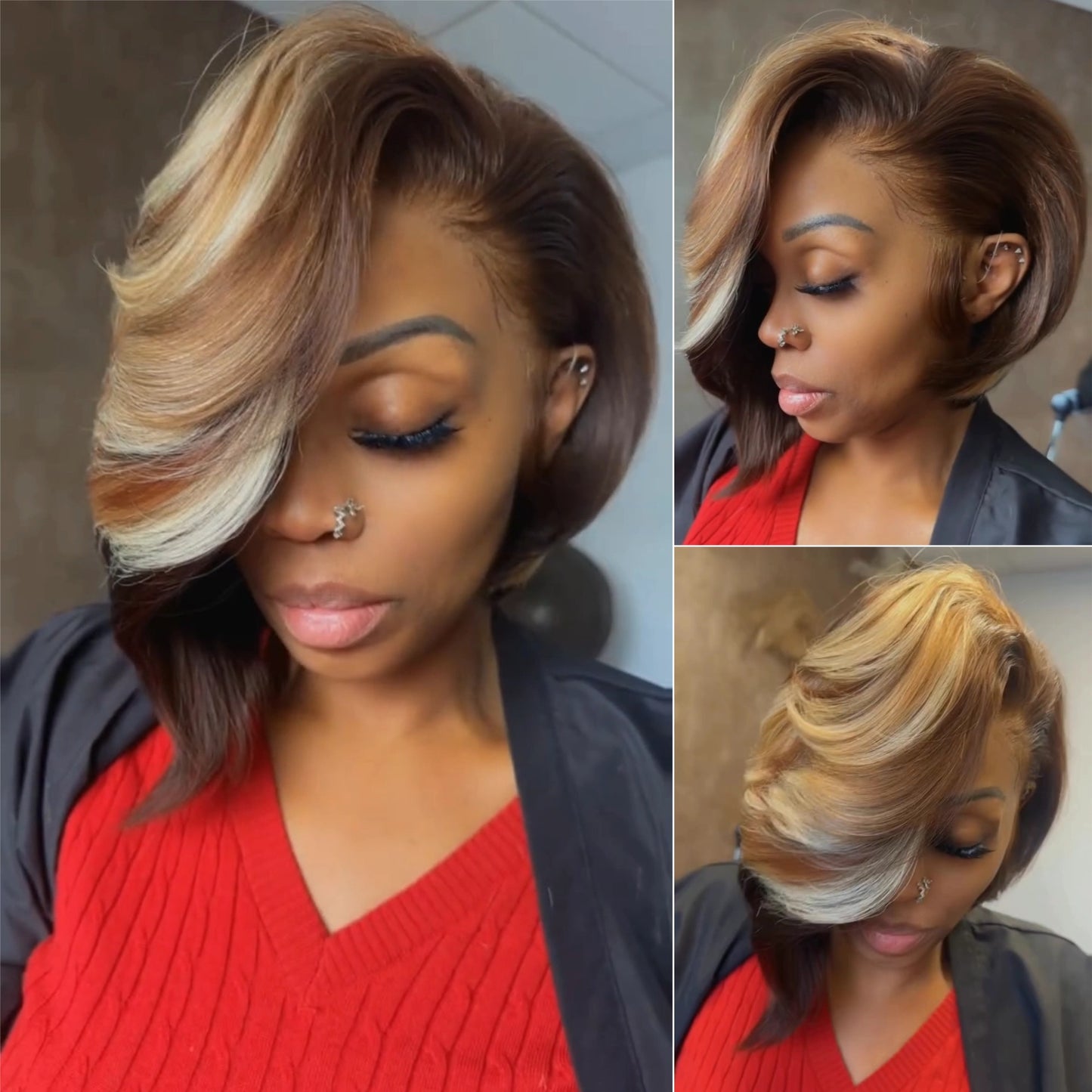 Brown with Blonde Highlights Layered Cut Wig With Long Asymmetry Bangs