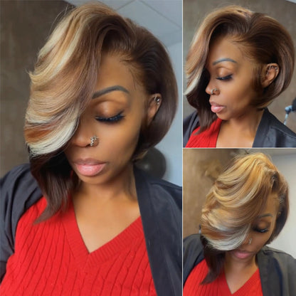 Brown with Blonde Highlights Layered Cut Wig With Long Asymmetry Bangs