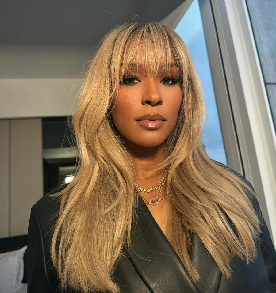 Honey Blonde Hair Wig With Bangs Glueless 13x4 Frontal Lace Wig