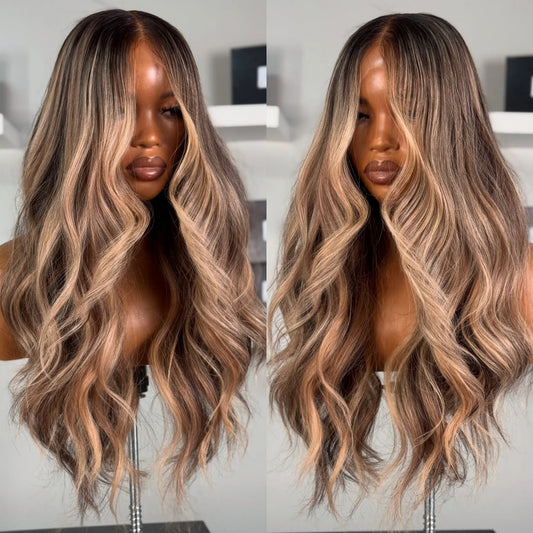 Blonde Highlights with Dark Root Body Wave Lace Closure Wig