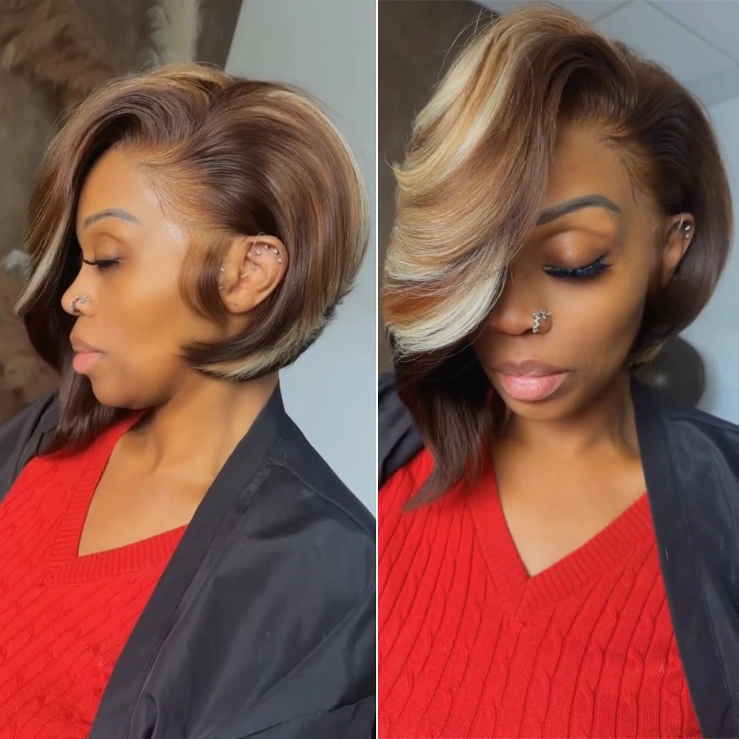 Brown with Blonde Highlights Layered Cut Wig With Long Asymmetry Bangs