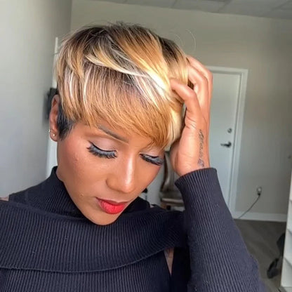 Honey Blonde Highlight Short Cut Glueless Bangs Wig