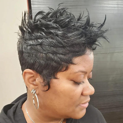 Natural Black Full Lace Spiky Short Pixie Cut With Laid Edges Wig