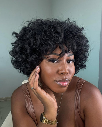 Beginner Friendly Throw On & Go Short Curly Bob Wig With Bang 100% Human Hair