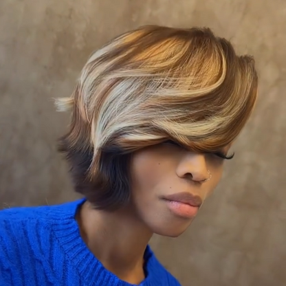 Brown with Blonde Highlights Quickweave Bob Layered Cut Wig